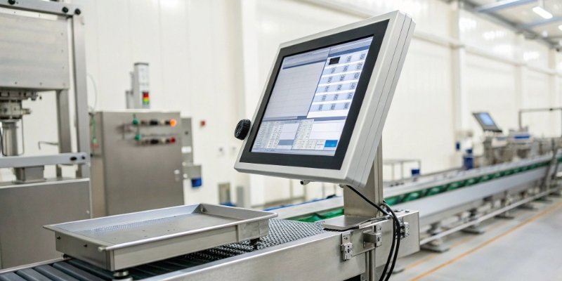 Industrial Scale to ERP System Integration An industrial PC scale connected to a computer showing an ERP dashboard