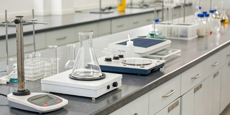 Types of Laboratory Balances alt text: A collection of different types of laboratory balances on a clean lab bench