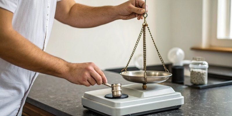 Testing a scale for accuracy A person placing a calibration weight on a digital scale