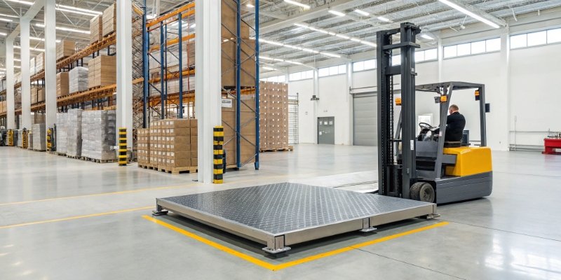 Industrial Scale in a Logistics Environment An industrial floor scale in a modern warehouse, with packages and a forklift nearby.