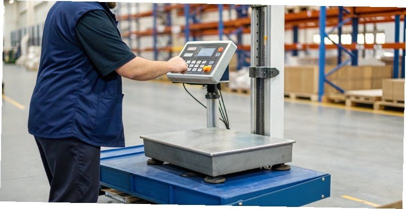 Industrial Scale Calibration An industrial scale being calibrated by a technician