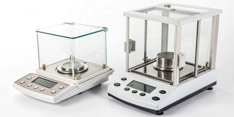 Analytical Balance vs. Precision Balance An analytical balance and a precision balance side-by-side