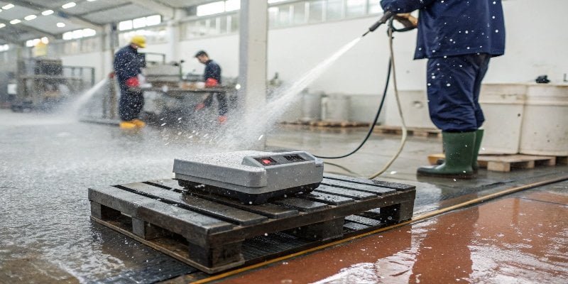 A rugged, waterproof industrial scale being used in a wet factory environment.