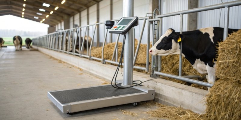 Accurate Cattle Weighing Technology A modern livestock scale with a digital indicator showing a stable weight for a cow.