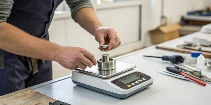 Digital Scale Calibration Process Person calibrating a digital scale with a certified weight.