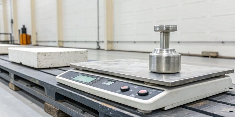 A digital industrial scale with a certified calibration weight on it