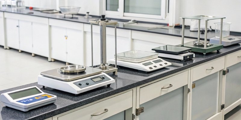 Different types of laboratory scales a variety of lab scales on a clean workshop bench