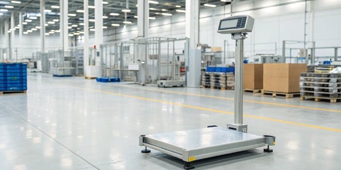 Maintained Digital Scale A well-maintained industrial digital scale on a clean factory floor.