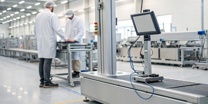 Modern Industrial Scale Technology An advanced industrial scale connected to a computer system in a modern factory setting.