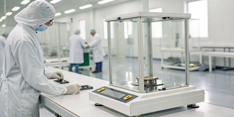 An ultra-precision balance weighing a small electronic component in a sterile lab environment.