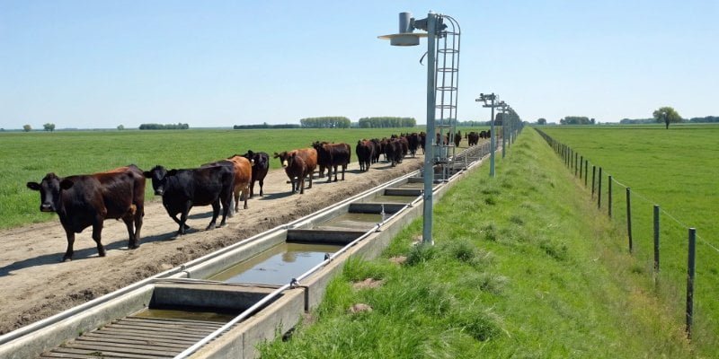 A herd of cattle walking calmly across a field with a Weigh in Motion system discreetly installed on the path.