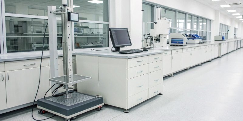 Lab Scale LIMS Integration A modern laboratory with a scale connected to a computer running LIMS software