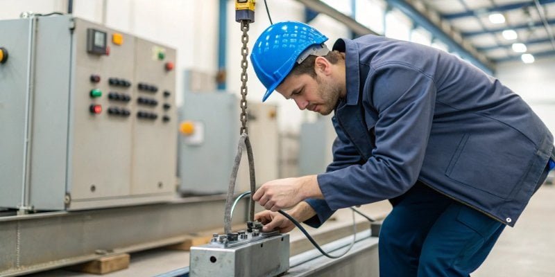 A technician inspecting a strain gauge load cell on an industrial scale