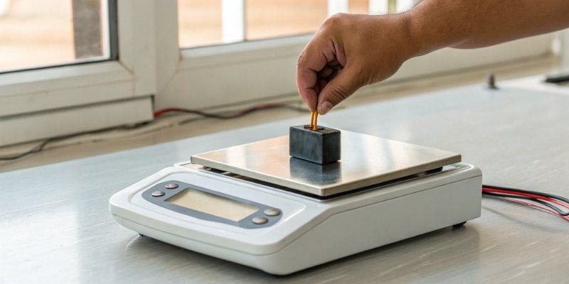 Process of a digital scale converting weight to number An infographic showing the step-by-step process from placing an object on a scale to the digital readout.