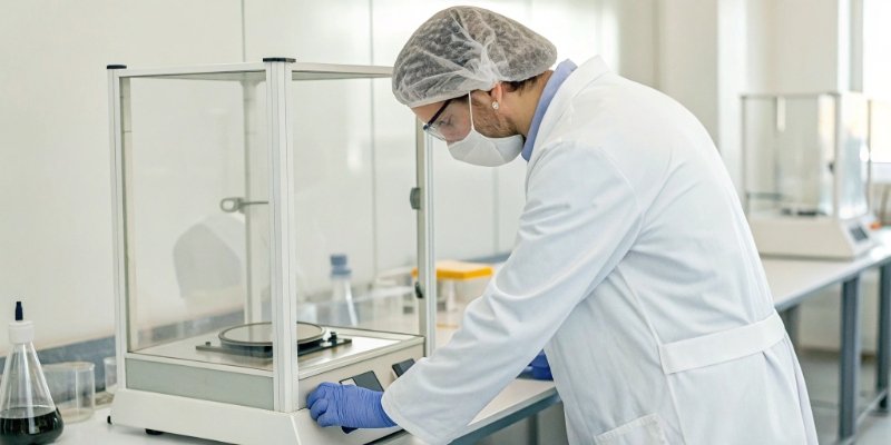 Analytical Balance in a Lab A laboratory researcher using an analytical balance