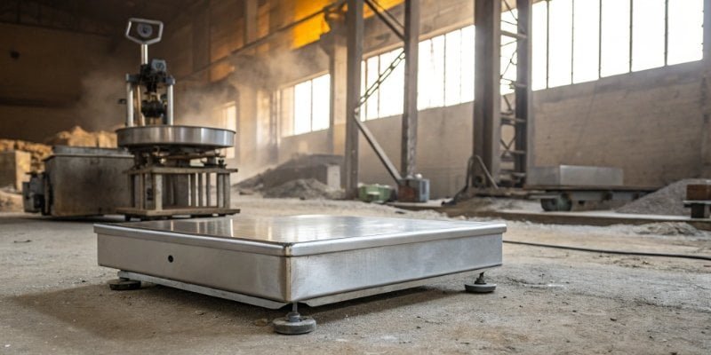 Durable Industrial Scale A sturdy, stainless steel industrial scale in a harsh factory environment.