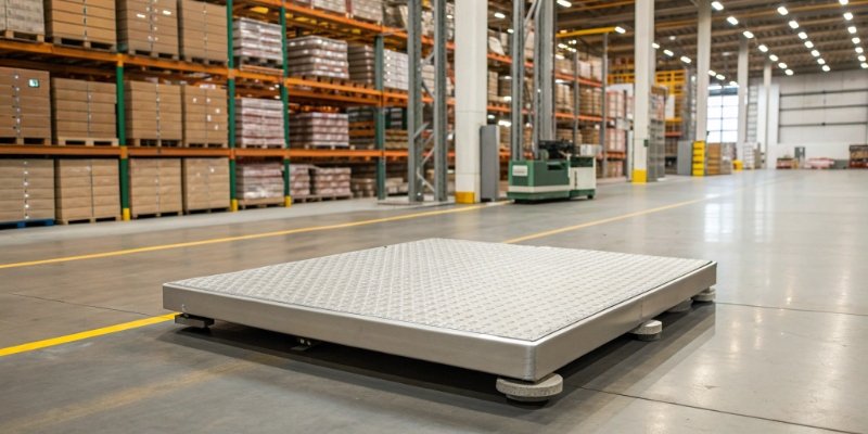 Industrial Scale in a Warehouse A floor scale being used in a busy warehouse