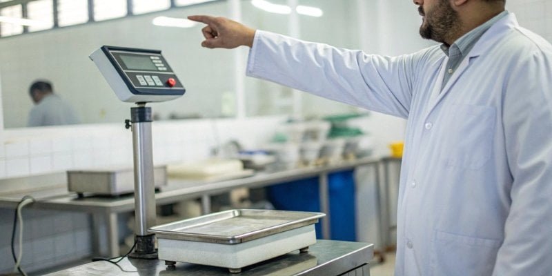 Common Sources of Error in Chemical Batching A technician pointing out an error on a manual weighing scale display