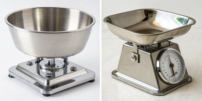 A side-by-side comparison of a small kitchen scale and a large stainless steel industrial scale.
