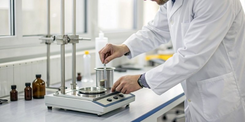 A technician in a lab coat carefully placing a certified calibration weight onto a high-precision industrial scale.