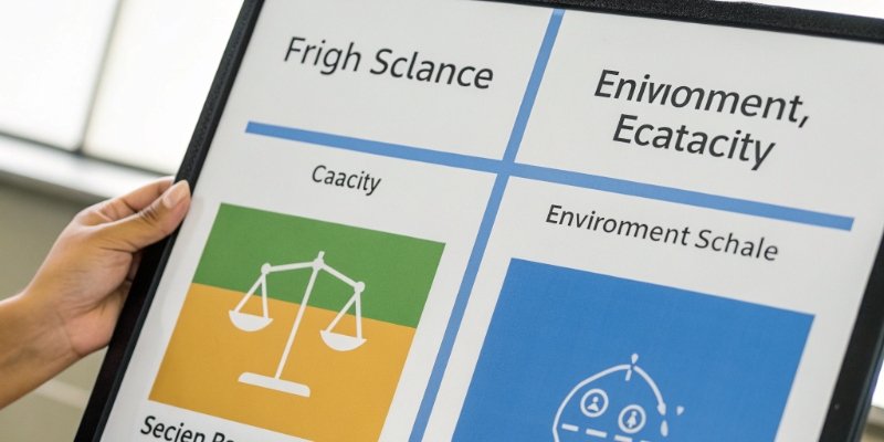 Key decision factors for buying a lab balance chart showing the balance between precision, capacity, environment, and budget