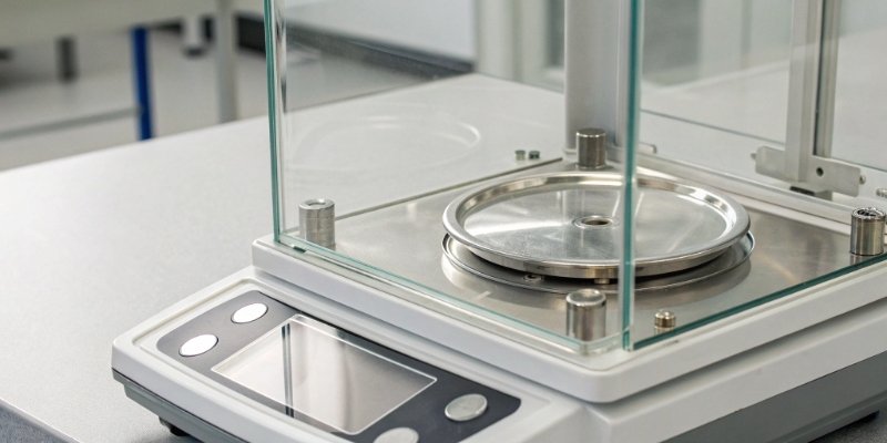 Analytical Balance Pan A close-up of an analytical balance's weighing pan inside a glass draft shield.