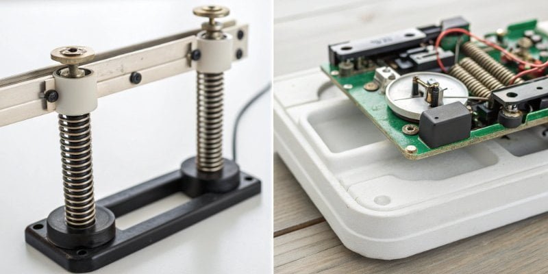 Internal Mechanics of Digital and Mechanical Scales A side-by-side comparison image showing the internal components of a mechanical scale (springs, levers) and a digital scale (load cell, circuit board).