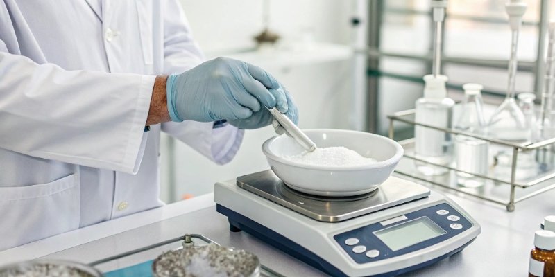 Precision in Pharmaceutical Weighing Pharmacist weighing ingredients on a precision scale