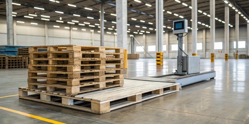 Industrial Platform Scale in Use A large industrial platform scale weighing pallets in a warehouse.