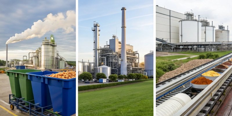 Various Industries Using Industrial Scales A collage of different industries using scales: a food packing line, a chemical plant, and a recycling center.