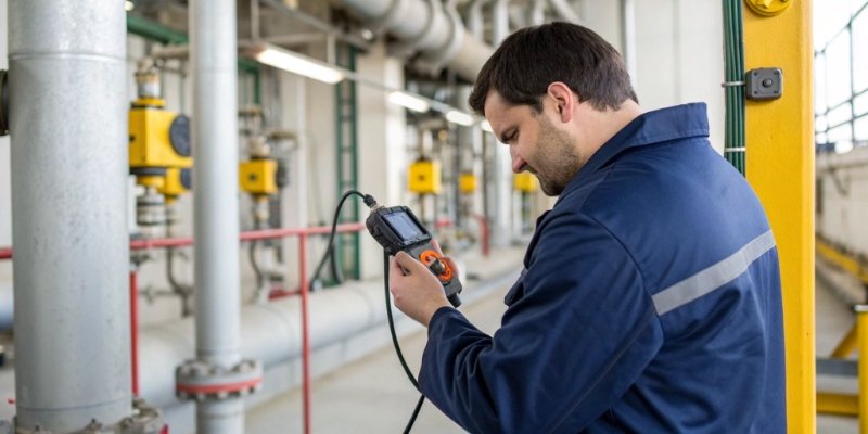 Intrinsically Safe Gas Detection A technician using an intrinsically safe gas detector in a hazardous area.