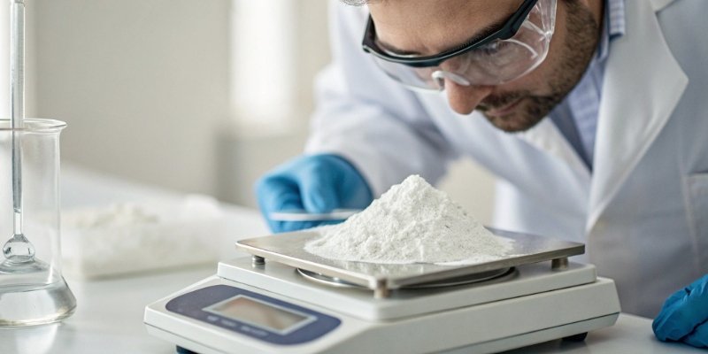 Uses of Laboratory Scales Close-up of a scientist weighing a small amount of white powder on a lab scale