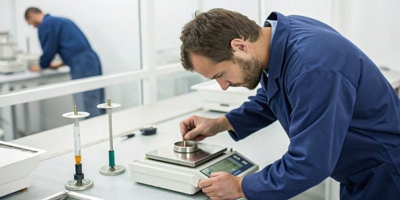 Scale Performance Maintenance A technician calibrating a digital scale with standard weights in a controlled environment.