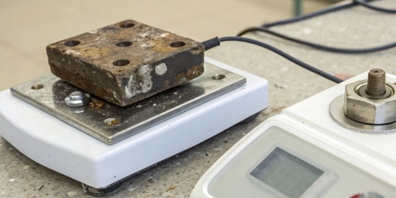 Digital Weighing Scale Repair A close-up of a damaged load cell next to a new replacement load cell for a weighing scale.