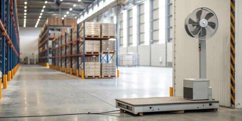 an industrial scale in a warehouse with arrows pointing to sources of drift like open doors and fans