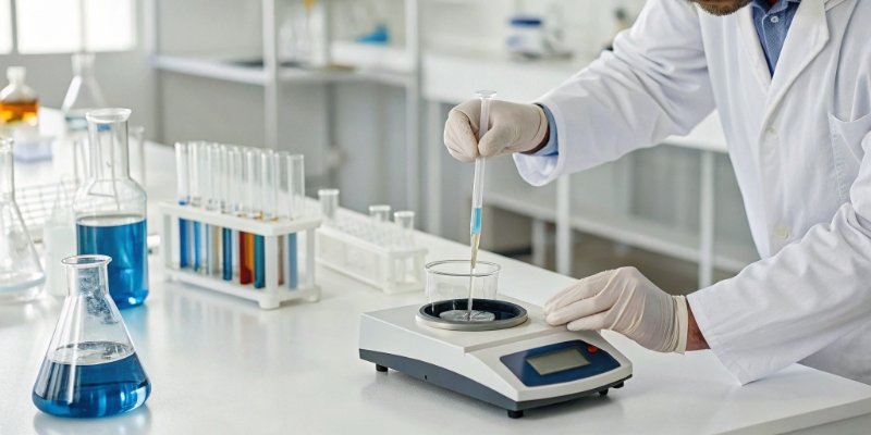 Using a Precision Scale A laboratory technician using a high-precision scale for accurate measurement