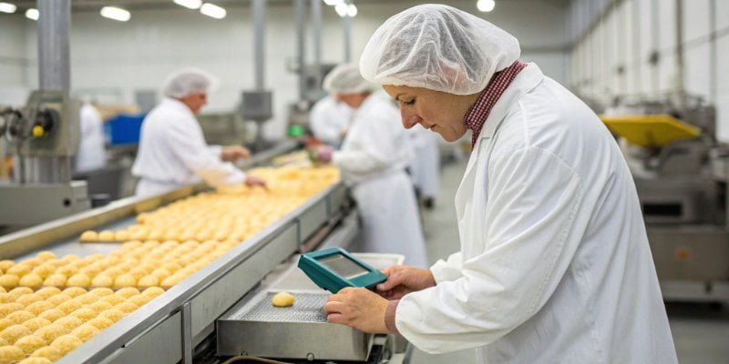 Quality Control Inspection in Food Industry A quality control inspector using a scale to check a food product on a production line.