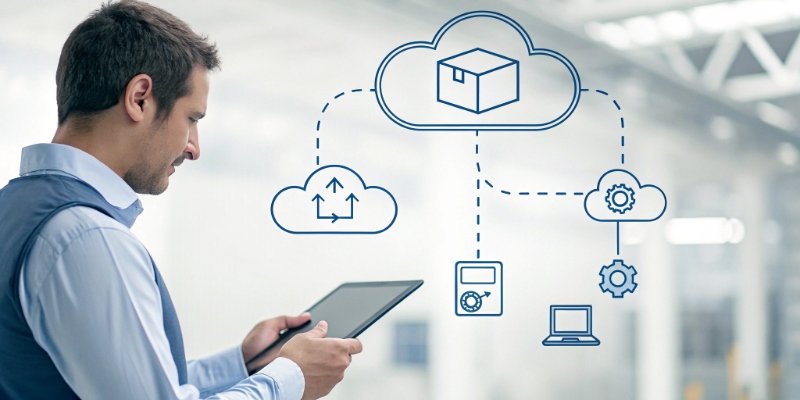 A flowchart showing a scale sending data to the cloud, ERP, and WMS