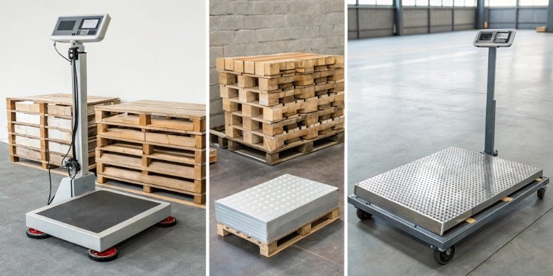 Bench, Floor, Counting, and Checkweigher Scales A collage of four different types of industrial scales