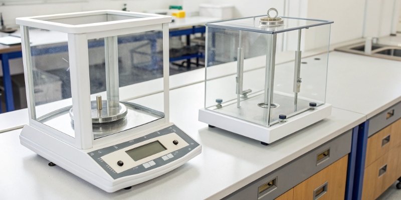 Analytical Balance vs. Precision Balance alt text: A side-by-side comparison of an analytical balance with a draft shield and a precision balance without one