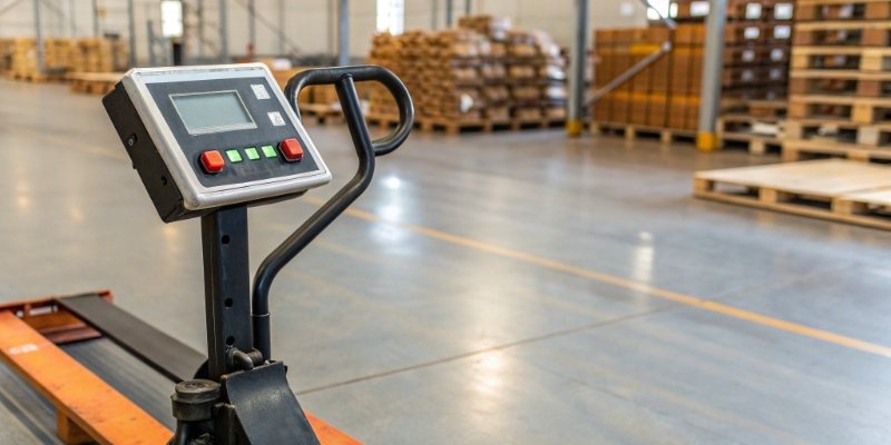 A close-up view of the digital display and controls on a manual pallet jack scale