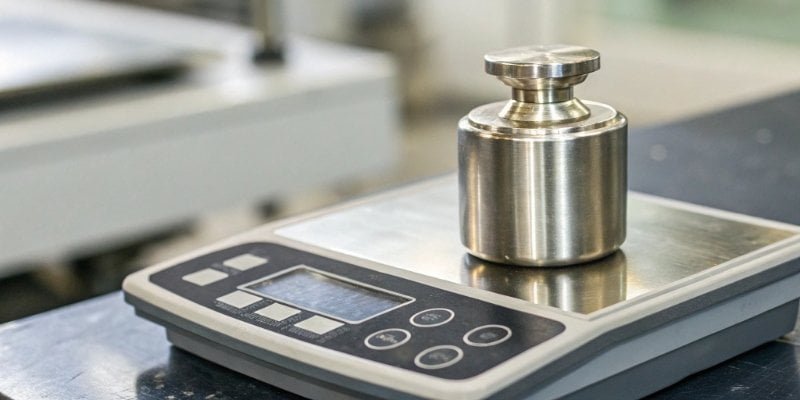 Process of Calibrating a Scale Close-up of a certified calibration weight on a digital industrial scale.