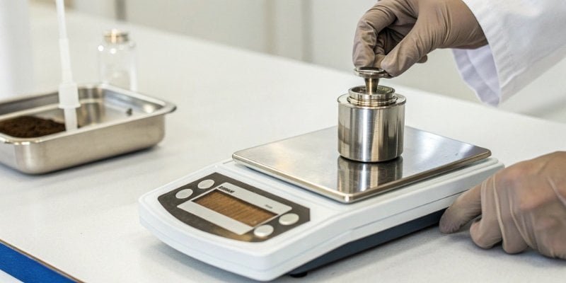 A shiny calibration weight being placed carefully on a digital lab scale.