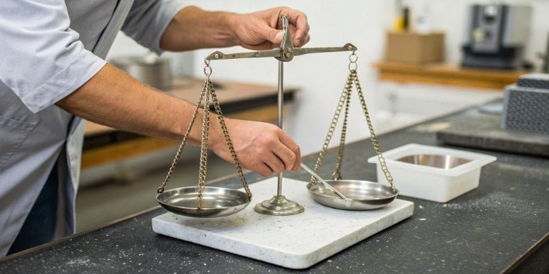 A person calibrating a digital scale with a calibration weight