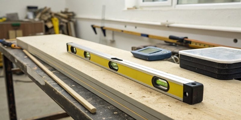 A spirit level on a workbench next to a scale, indicating a perfectly level surface.