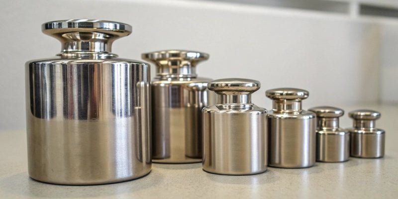 Calibration weights for scale accuracy testing A set of stainless steel calibration weights on a surface