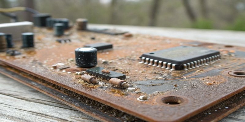 A close-up shot of a corroded circuit board from a non-waterproof scale.