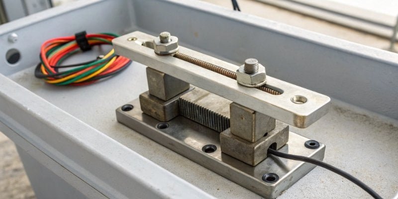 A close-up view of a strain gauge load cell inside an industrial scale