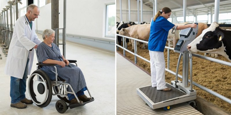 Specialized Industrial Scales in Use a wheelchair scale in a hospital and a livestock scale on a farm