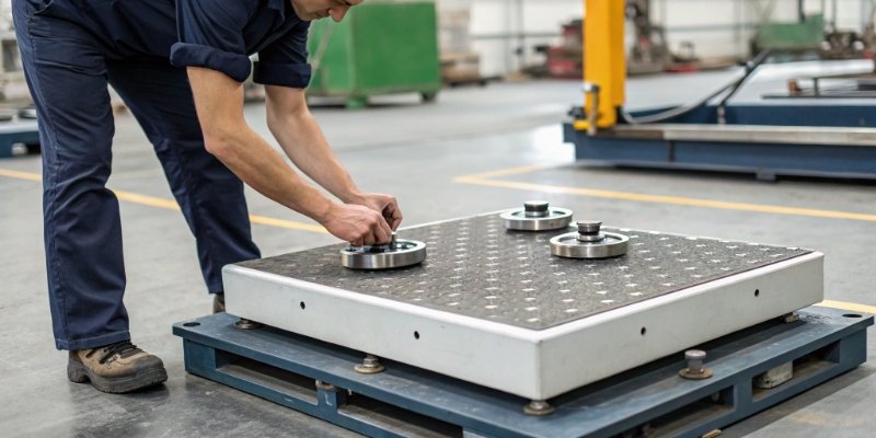 Measuring Industrial Scale Accuracy A technician placing certified test weights on an industrial scale platform for calibration.
